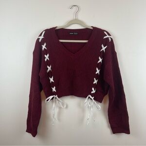 SHEIN Maroon V-Neck Sweater with White Lace-Up Accents